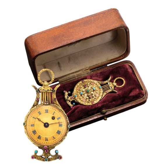 Vari-coloured gold and gem set lyre shaped watch Circa 1820 Vari-coloured gold and gem set lyre shaped watch Circa 1820