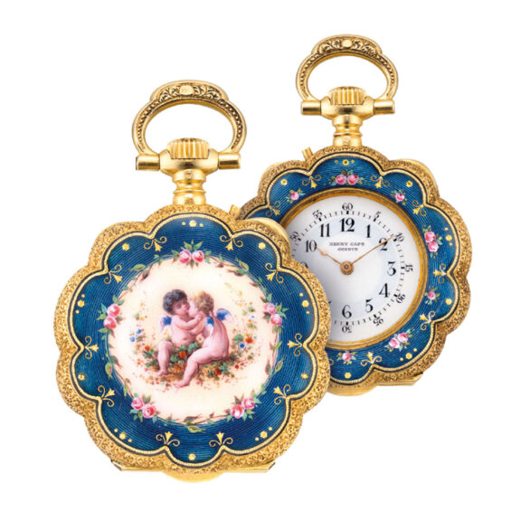 Swiss gold and enamel scalloped pendant watch Circa 1889