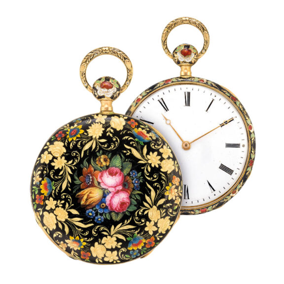 Swiss gold and enamel quarter repeating cylinder Circa 1840