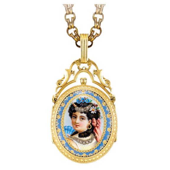 Swiss gold, enamel and diamond set oval watch Circa 1860