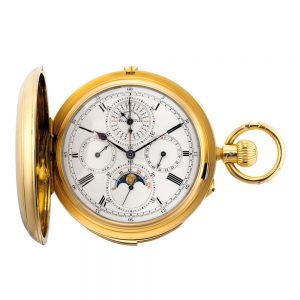 English gold hunting cased complicated lever watch Circa 1883