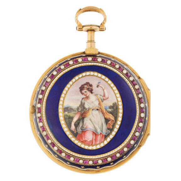 English gold, enamel and pearl set clockwatch Circa 1780-1799 English gold, enamel and pearl set clockwatch Circa 1780-1799