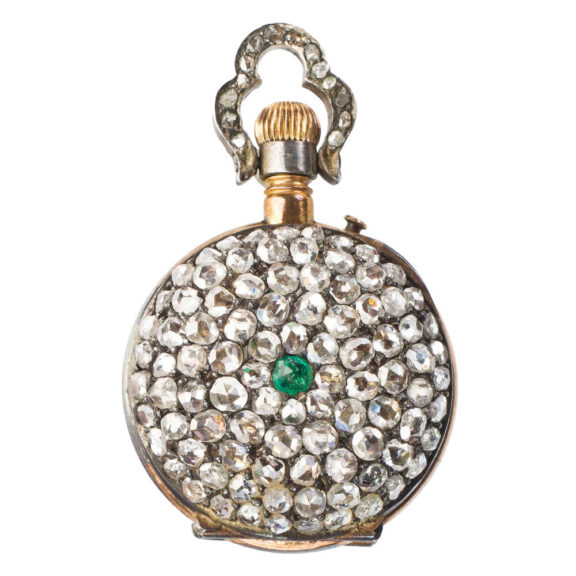 Swiss 18k gold, diamond and emerald set cylinder Circa 1880