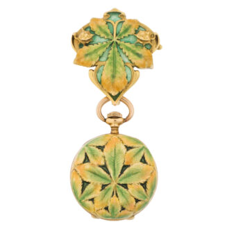 Swiss gold enamel lever pendant watch and brooch Circa 1897 Swiss gold enamel lever pendant watch and brooch Circa 1897