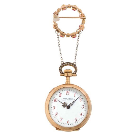 Swiss gold, diamond, ruby set lever pendant watch Circa 1897 Swiss gold, diamond, ruby set lever pendant watch Circa 1897