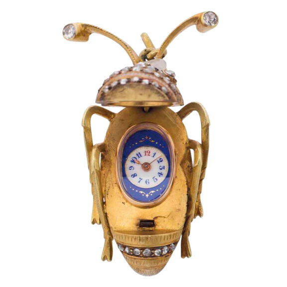 Swiss 18 carat gold and diamond set scarab form watch Circa 1890 Swiss 18 carat gold and diamond set scarab form watch Circa 1890