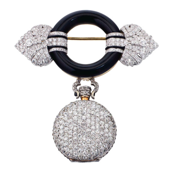 Swiss gold, onyx, diamond set lever pendant watch Circa 1925