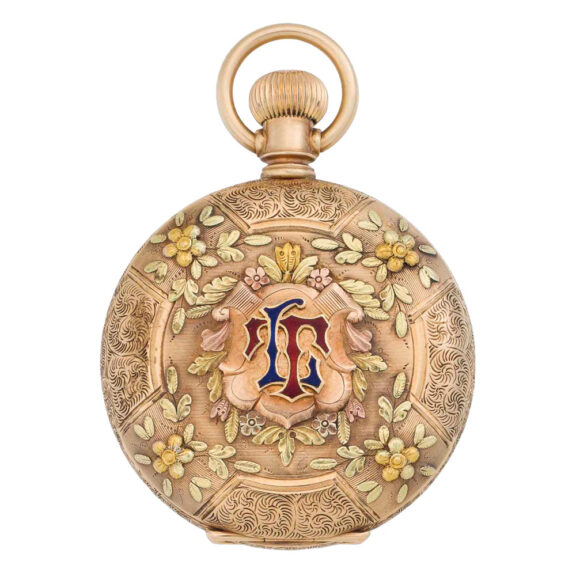 Tri-colour gold and gem set hunting cased lever Circa 1892