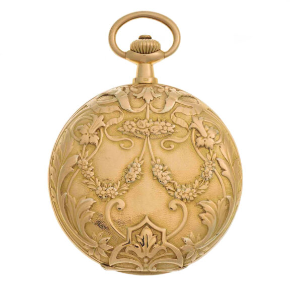 Fine Swiss 18k gold hunting cased repoussé watch Circa 1904 Fine Swiss 18k gold hunting cased repoussé watch Circa 1904