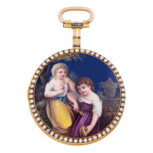 French 18k gold, enamel and pearl set verge Circa 1810-1820