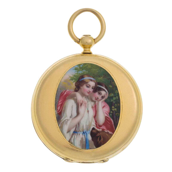 Swiss 18k gold and enamel hunting cased cylinder Circa 1852