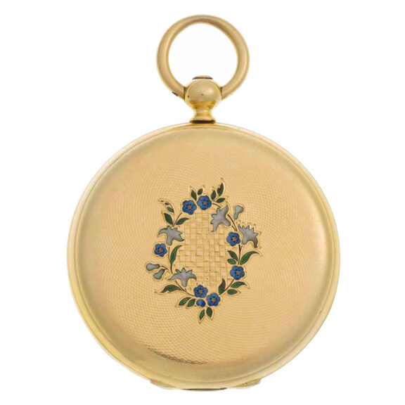 Swiss 18k gold and enamel hunting cased cylinder Circa 1852 Swiss 18k gold and enamel hunting cased cylinder Circa 1852