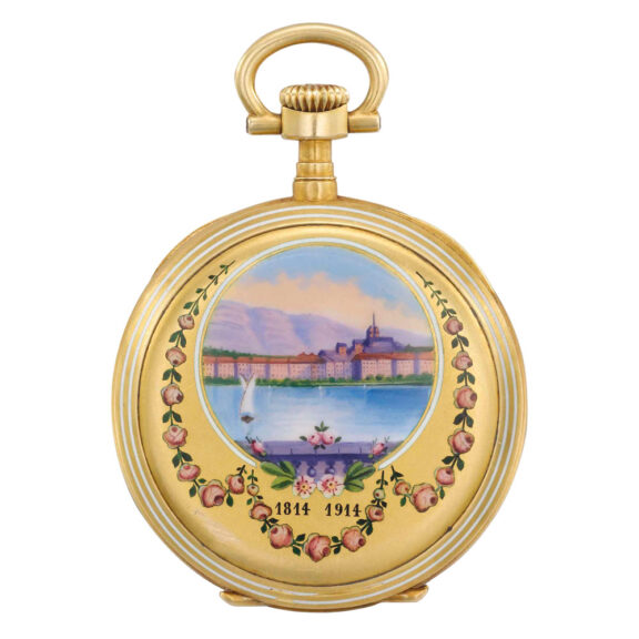 Small Swiss 18k gold and enamel open faced watch Circa 1913