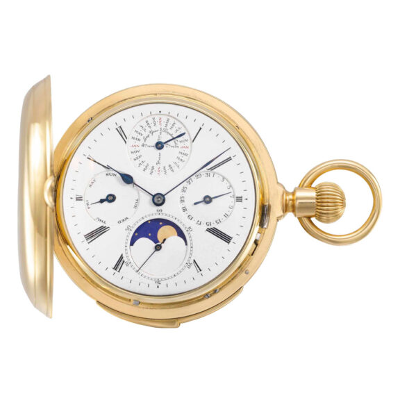 Swiss 18k gold hunting cased complicated watch Circa 1890