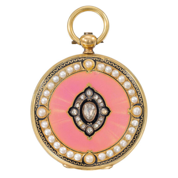 Swiss gold, enamel, paste and pearl set cylinder Circa 1840