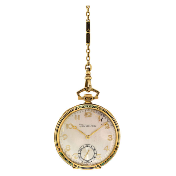 Swiss gold and enamel lever watch with link chain Circa 1923 Swiss gold and enamel lever watch with link chain Circa 1923