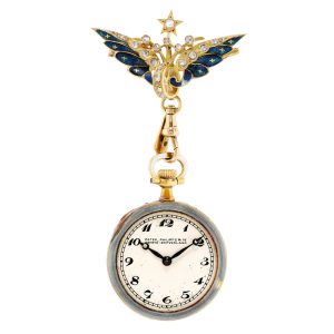 Gold, enamel and diamond set lever with brooch Circa 1912