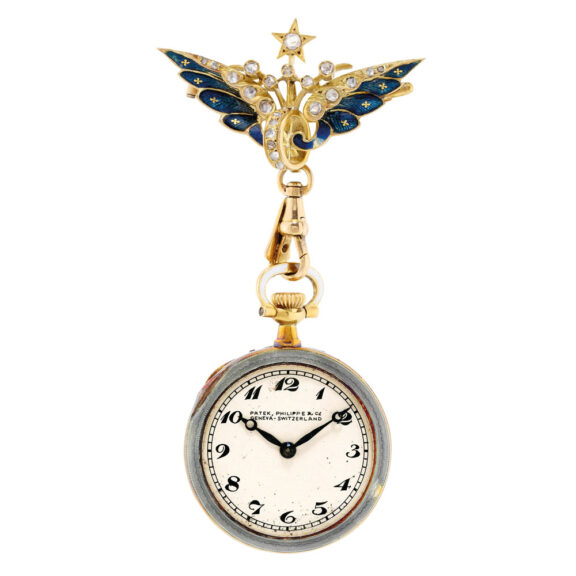 Gold, enamel and diamond set lever with brooch Circa 1912