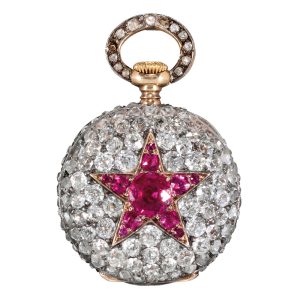 Swiss gold, diamond and ruby set pendant watch Circa 1892