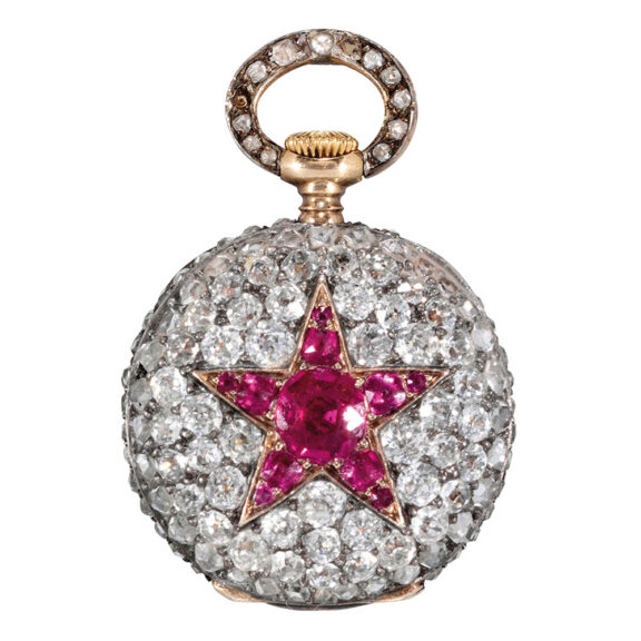 Swiss gold, diamond and ruby set pendant watch Circa 1892