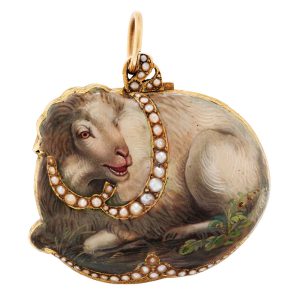 Swiss gold, enamel and pearl set lamb form watch Circa 1810