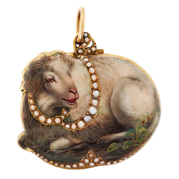 Swiss gold, enamel and pearl set lamb form watch Circa 1810