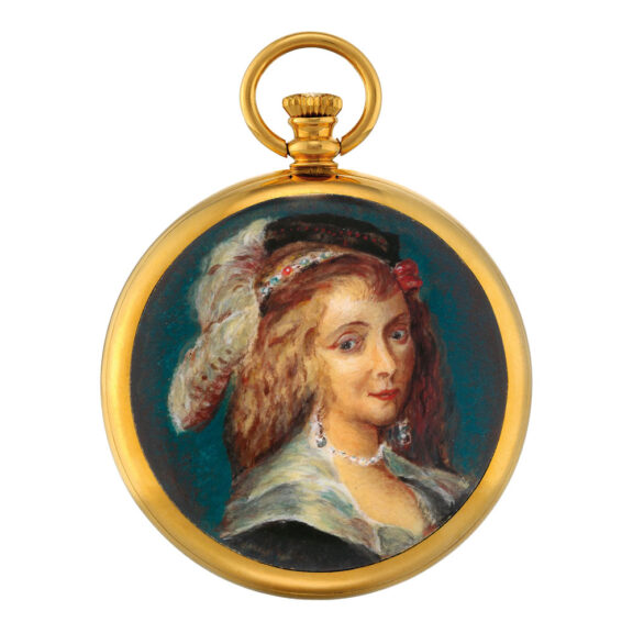 Swiss gold open faced lever with enamel miniature Circa 1980