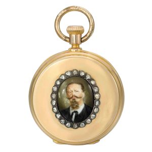 Swiss 18k gold keyless lever with enamel portrait Circa 1872