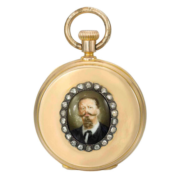 Swiss 18k gold keyless lever with enamel portrait Circa 1872