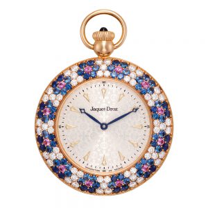 Swiss 18 carat gold, diamond, sapphire and pink sapphire-set open faced limited edition keyless lever watch, circa 2000