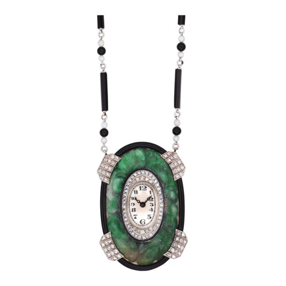 Platinum, jade, enamel, diamond set Art Deco lever Circa 1920