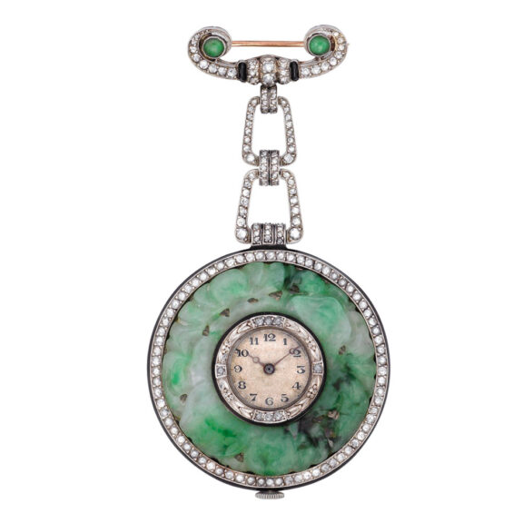 Platinum, jade, diamond set lever pendant watch Circa 1920