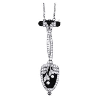 A fine and rare Swiss platinum, enamel and diamond set Art Deco keyless lever swiveling pendant watch with chain, circa 1925