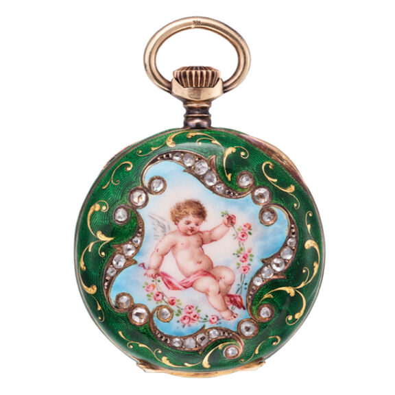 Swiss gold, enamel and diamond set pendant watch Circa 1900