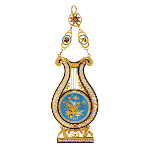 Gold, enamel, pearl set verge in the form of a lyre Circa 1810