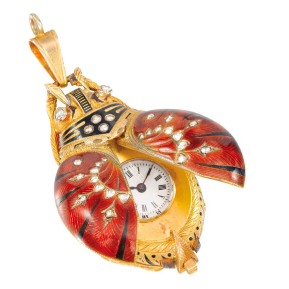 Swiss gold, enamel and diamond set scarab form watch Circa 1880