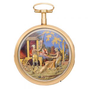 Swiss gold open faced double dial automaton watch Circa 1800