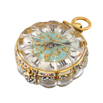 Extremely fine Swiss gold, enamel, rock crystal verge Circa 1660