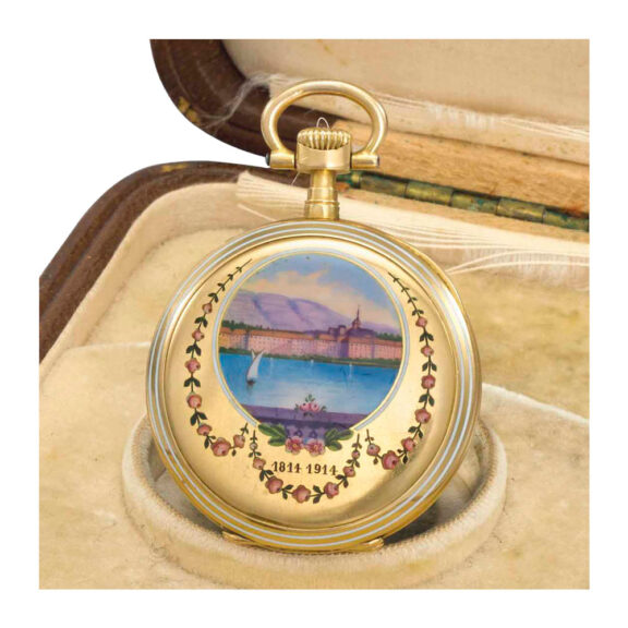 Fine Swiss 18k gold and enamel open faced lever Circa 1913