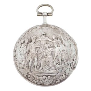 English silver repoussé verge watch with date Circa 1710-1720English silver repoussé verge watch with date Circa 1710-1720