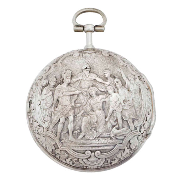 English silver repoussé verge watch with date Circa 1710-1720English silver repoussé verge watch with date Circa 1710-1720