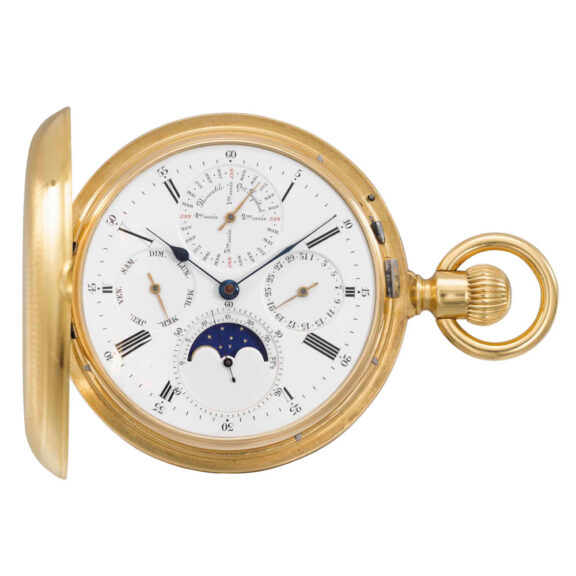 Heavy Swiss gold hunting cased complicated watch Circa 1871