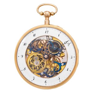 Swiss 18k rose gold skeletonized repeating cylinder Circa 1820
