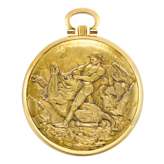 Swiss 18k gold open faced engraved lever watch Circa 1980