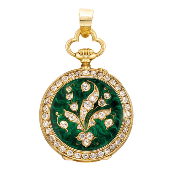 Swiss gold, enamel and diamond set pendant watch Circa 1896