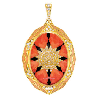 Swiss gold, diamond/coral set lever pendant watch Circa 1981