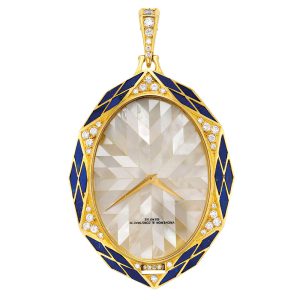 Swiss gold, diamond/lapis lazuli set pendant watch Circa 1981