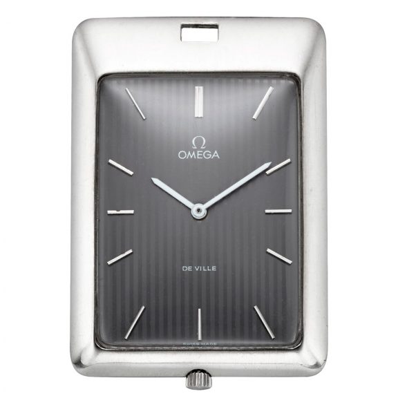 Swiss stainless steel rectangular watch with chain Circa 1975