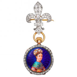Swiss 18K rose gold and diamond set watch with brooch Circa 1888