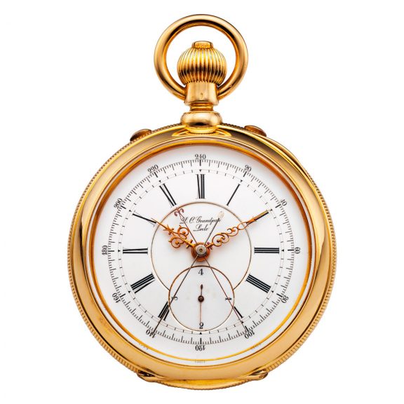 Swiss gold keyless split seconds chronograph Circa 1880
